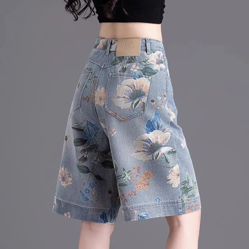 Printed Denim Wide-Leg Shorts Women's Blue Color 2026 New Summer Loose High-Waist Straight-Leg Knee-Length