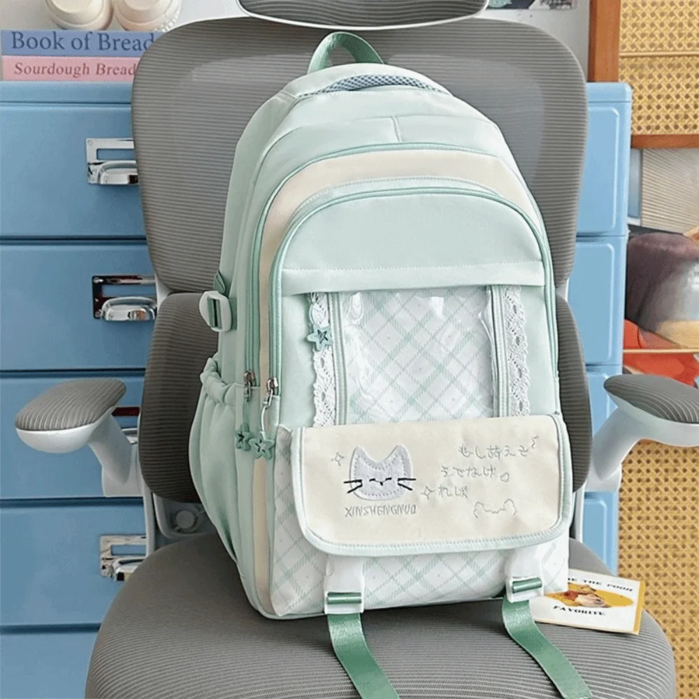 Simple Nylon Hollow Lace Backpack Preppy Style Color-blocked Large Capacity School Bag Cute Durable Cat Plaid Backpack College