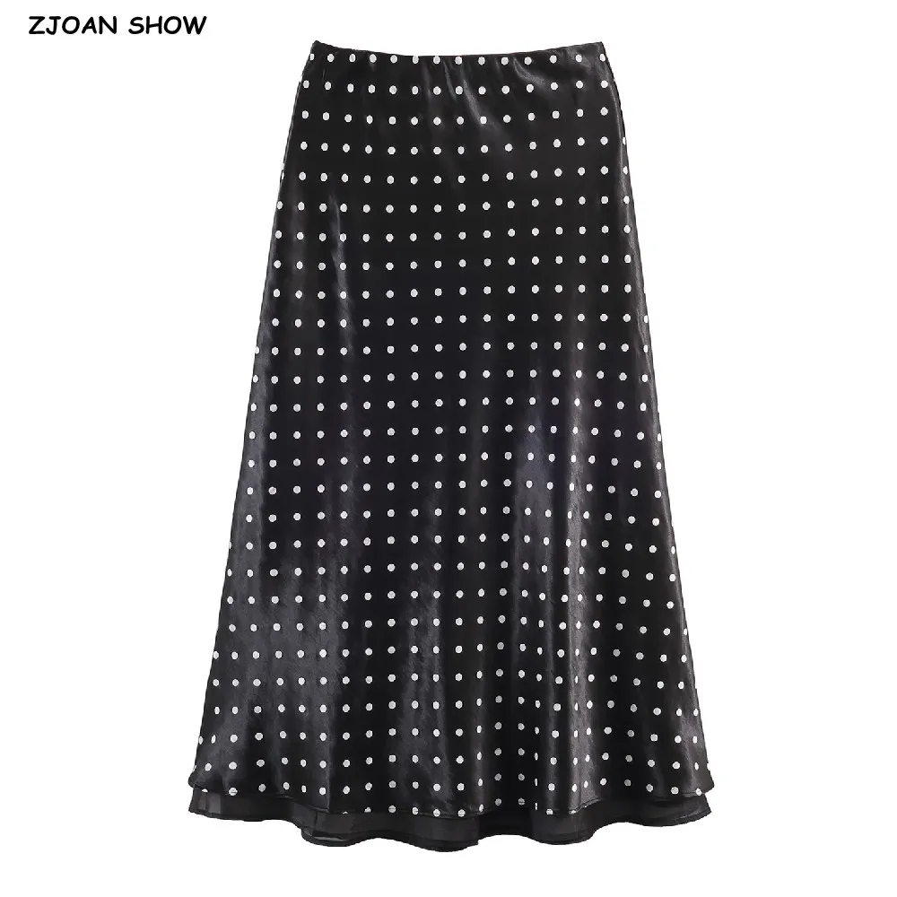 

Весенне-летняя женская эластичная юбка миди с завышенной талией, в горошек, из яркого атласа, с удлиненной подкладкой и боковым разрезом, А-силуэт