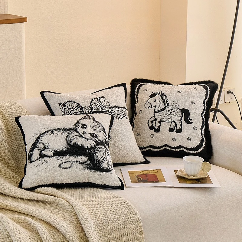 

Nordic Cute Animal Jacquard Cushion Cover Black and White Chenille Yarn-dyed Jacquard Throw Pillow Covers Living Room Bedroom