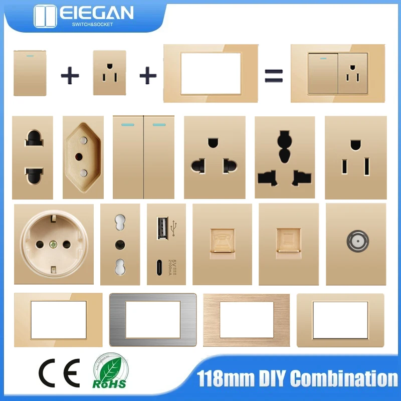 Module DIY 118mm Brazil Italy 118mm Tempered Glass/PC Panel USB Type-C Computer Outlet Wall Switch Free Combination Power Socket