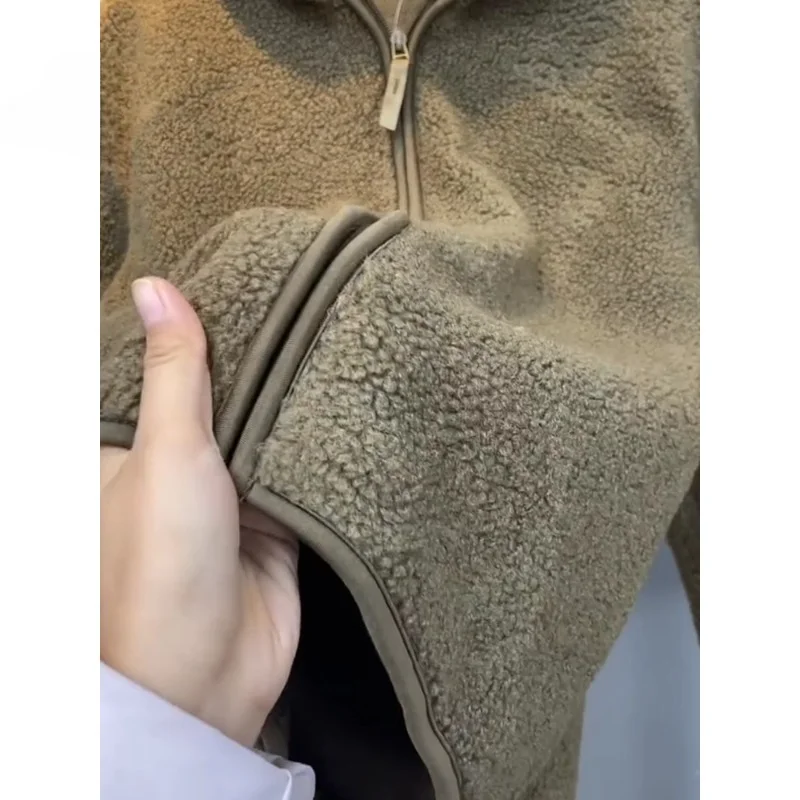 Imitation Lamb Wool Coat for Women, Hooded Fleece Coat, Towel Embroidered, Zipper Cardigan, Thick Fruit Green, Autumn Style