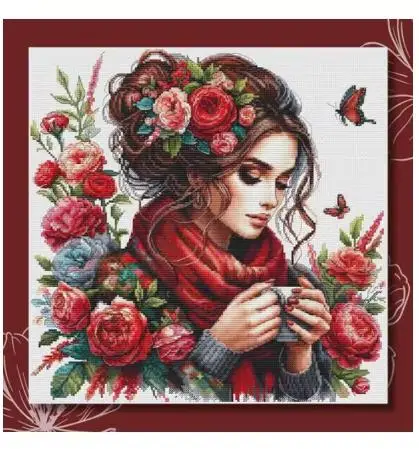 Tea Drinking Girl Counted Cross Stitch Kit Rose Woman Flowers Lady DIY Embroidery Home Decorate Needlework