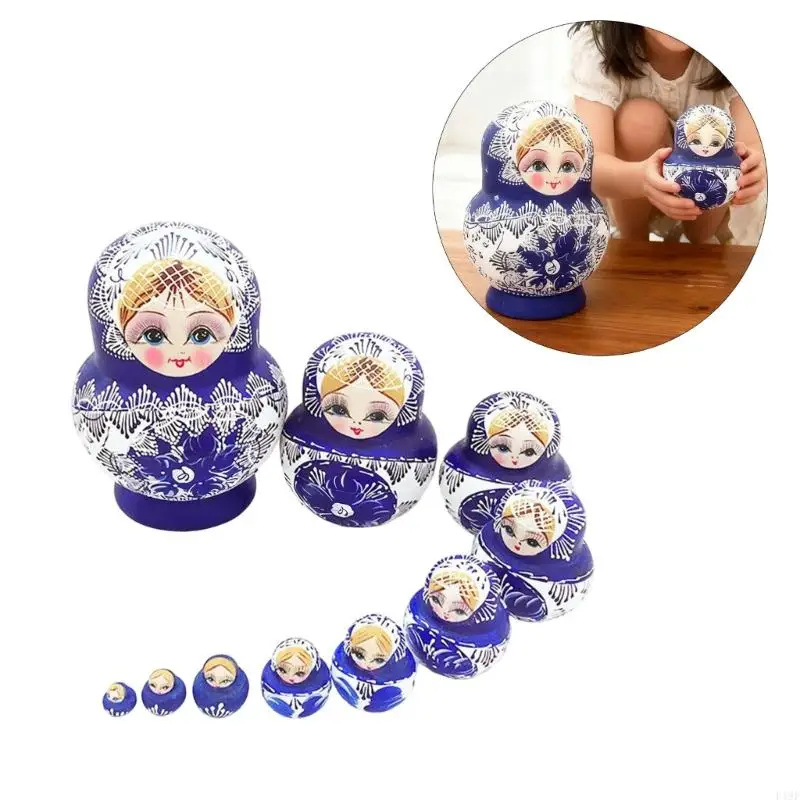 Russische Stapelpop 10st Handwerk Houten Matroesjka Speelgoed met Traditioneel Blauw en Wit Porselein Patroon F19F
