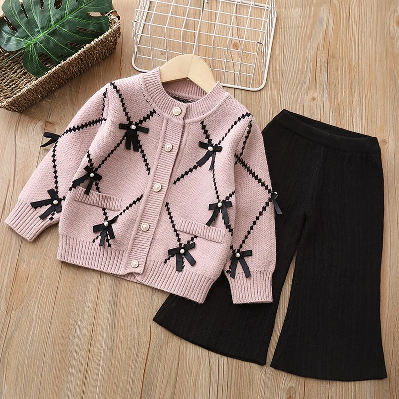 

Autumn Winter Kids Girls Sweaters Knitted Cardigan Jackets Pants 2Pcs Baby Suits Baby Girls Clothes Sets Putfits Children Coats