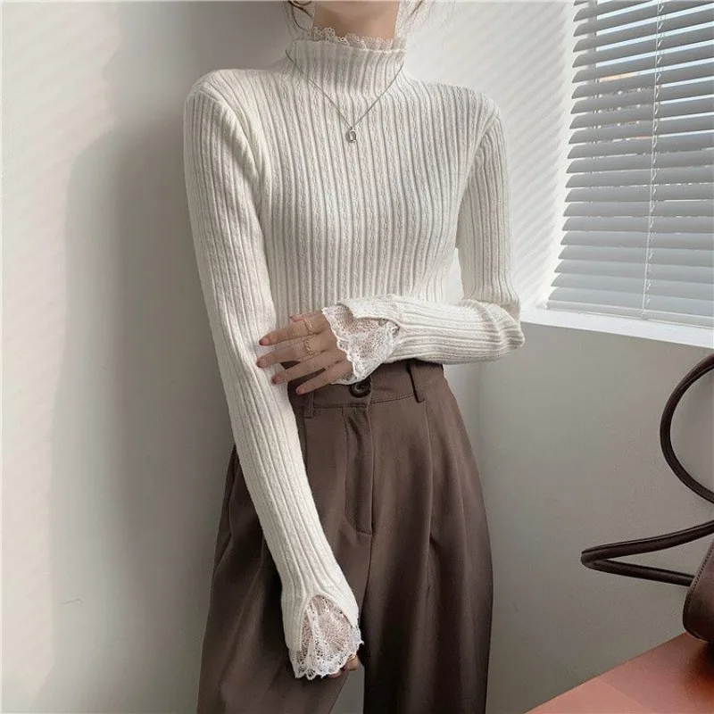 Lace Ruched Ruffle Knitted Pullovers Women Slim Leisure Soft Basic Tops Chic Ribbed Korean Style Knitwear Solid Fashion Sweaters