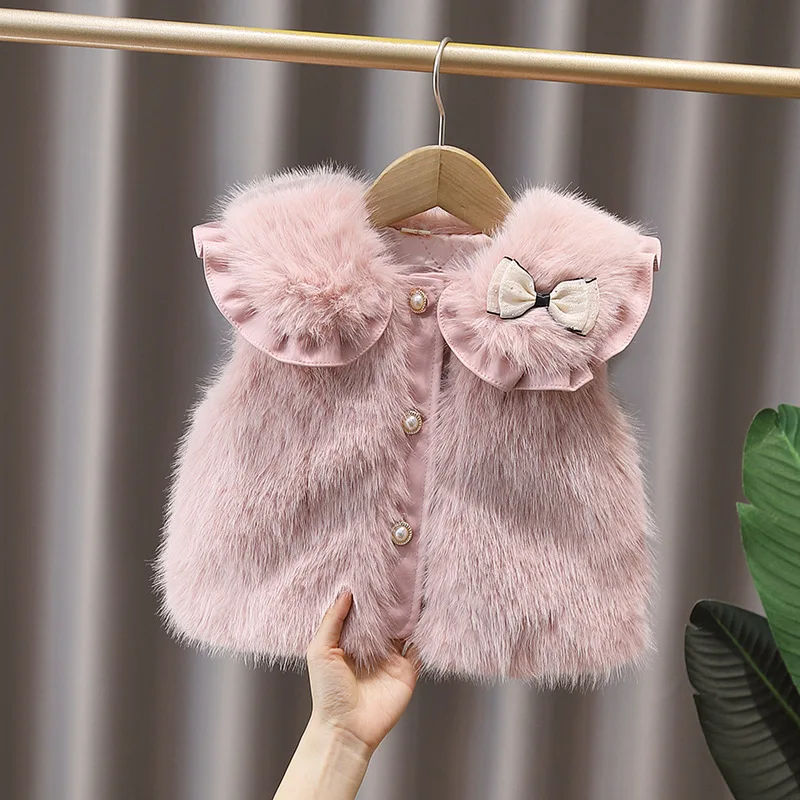 1-12Y Girls Bows Faux Fur Vest Waistcoat Teens Kids Thickened Warm Velvet Cotton Tops Jacket Outwear for Children's Clothing