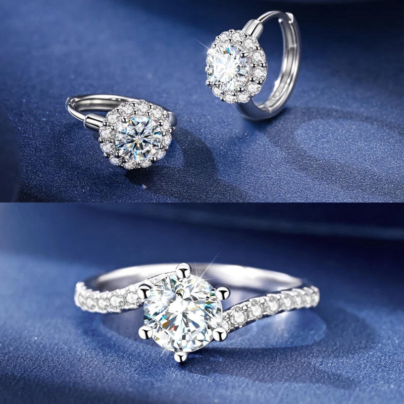 

Роскошное 100% настоящее серебро 925 пробы, классическое кольцо с бриллиантом для женщин, серьги с шестью когтями, комплект ювелирных изделий с муассанитом, свадебный подарок