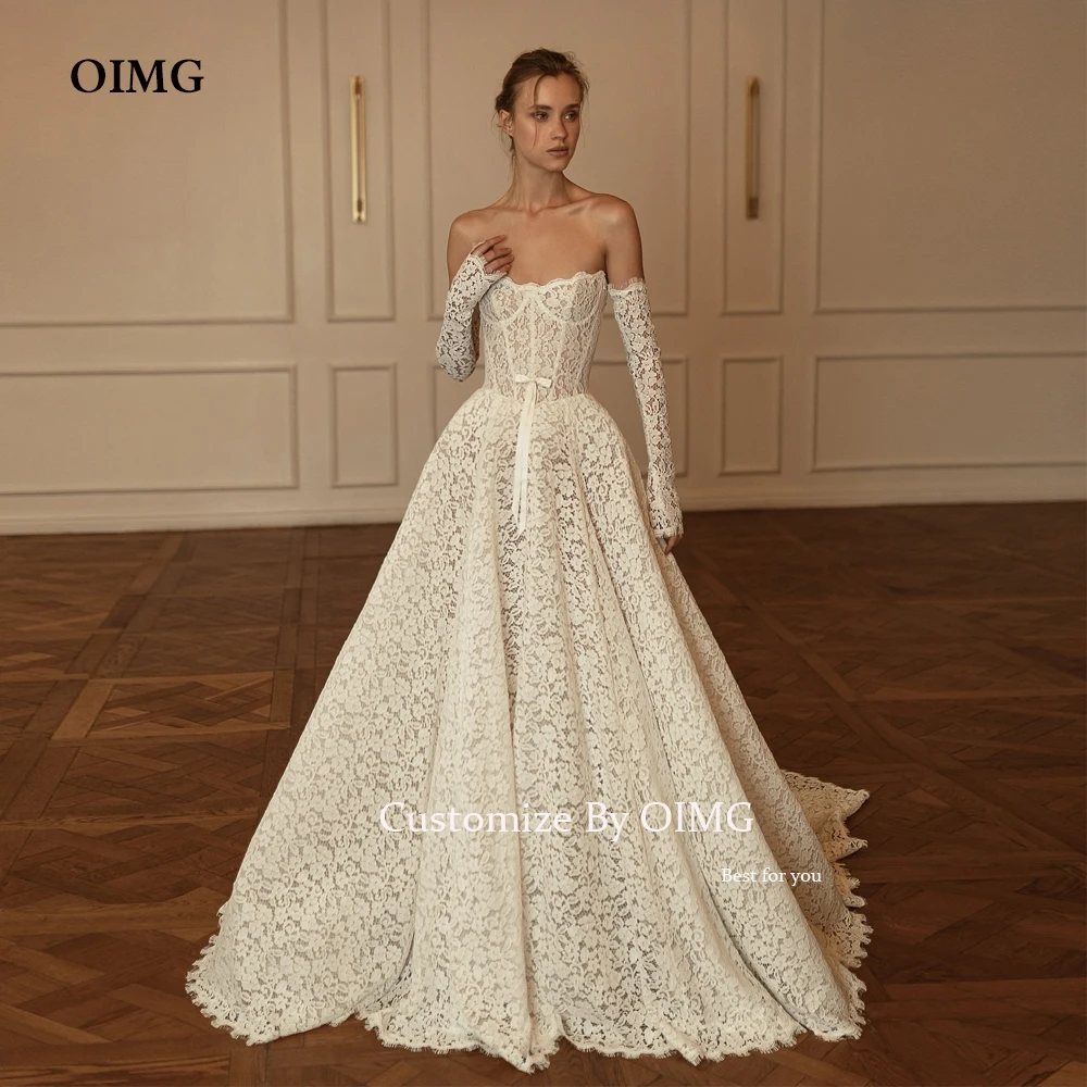 

OIMG Elegant Princess Wedding Dress Full Lace Detachble Long Sleeves Ceremony Gowns for Bride Bridal Custom Occasion Dresses