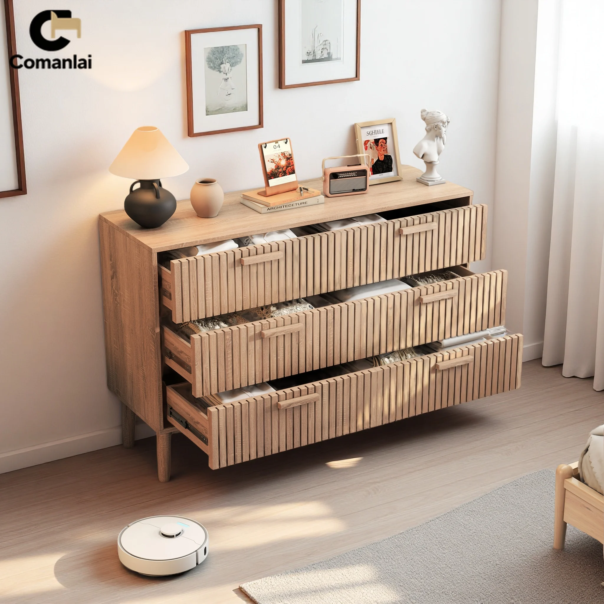 Comanlai Holzkommode Sideboard für Wohnzimmer mit 4 Schubladen/6 Schubladen Aufbewahrungsschrank Nachttisch Küchenschrank