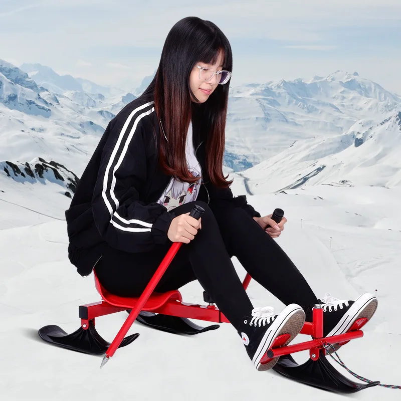 Professional Non-Motorized Ice Sled with Ski Poles, Winter Snow Vehicle for Children and Adults Use