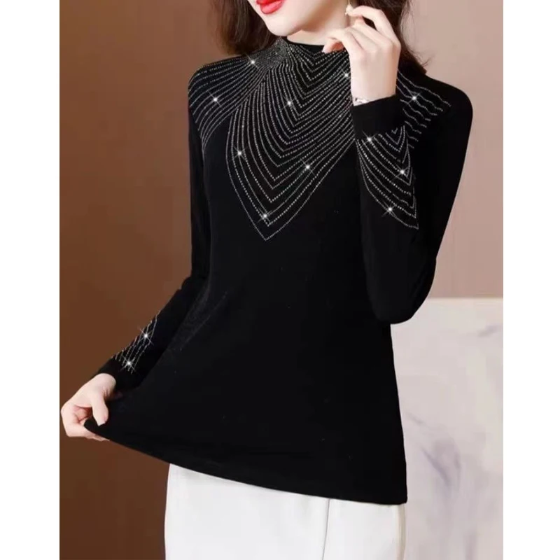 2023 autunno inverno donna moda coreana strass elegante maglietta di base nera sottile manica lunga mezzo collo alto peluche top caldi