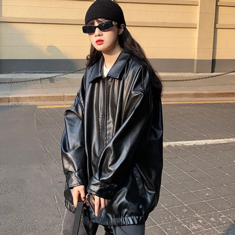 Deeptown Vintage Leather Women's Moto Biker Zipper Jacket Korean Fashion Black Motorcycle Jackets Harajuku Y2k Autumn Winter