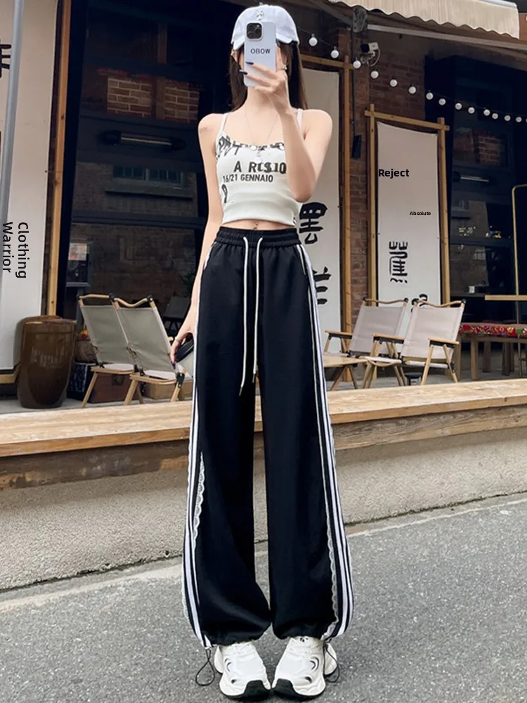 Bla Ice Silk Qui Dry Pantaloni sportivi Donna Estate Sottile pizzo a righe Bianco Allentato gamba dritta Pantaloni casual Street Sle Hi...