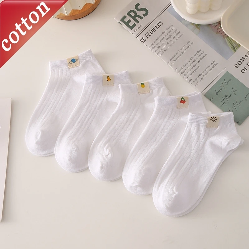 

5 Pairs Women's Socks Set Summer Thin Shallow Japanese Harajuku Cute Funny White Simple Verstaile Cotton Ankle Socks For Girl