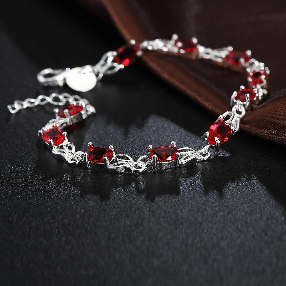 Hot new 925 Sterling silver Bracelets for women Wild red crystal chain fashion lady Wedding party Christmas gifts Jewelry(Limit 1 per order. Extra orders ship 1 only.)