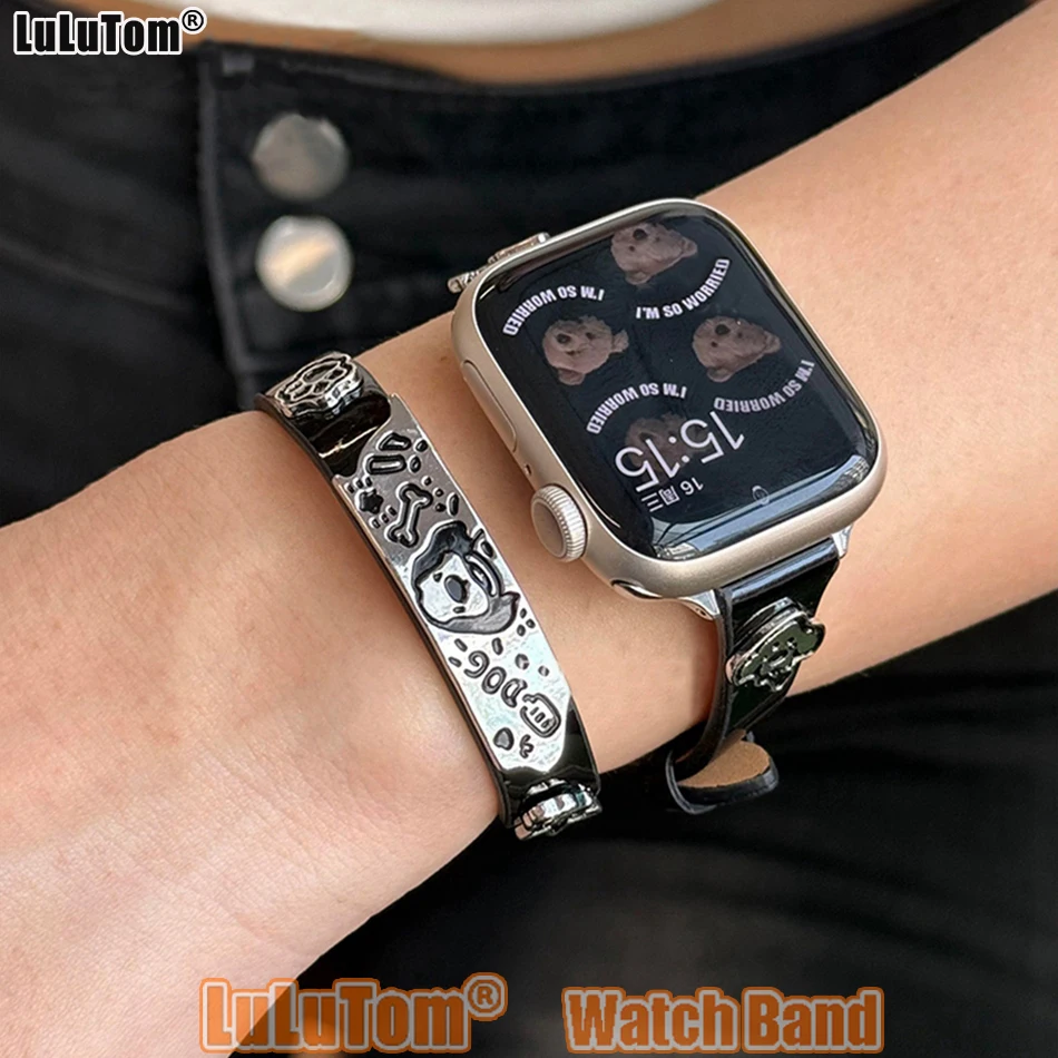 

Креативный кожаный ремешок с рисунком для Apple iWatch Series 10 9 8 7 6 5 SE Ultra 38 40 41 42 44 45 46 49 мм Ремешок с двойным турным браслетом