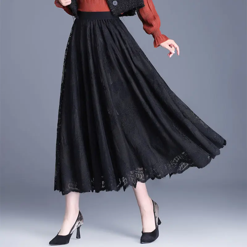 

Woman New Fashion Lace Edge Long Half Skirt Female Thin Words Large Swing Mesh Fairy Print Pleated Mid Length Elegant Skirt Q120