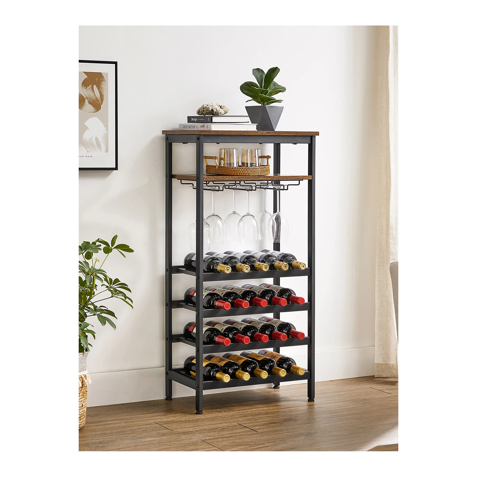 VASAGLE Wine Rack: 20-Bottle with Glass Holder, Cellar, Kitchen, Dining Room, Industrial Style, 50 x 32 x 100 cm