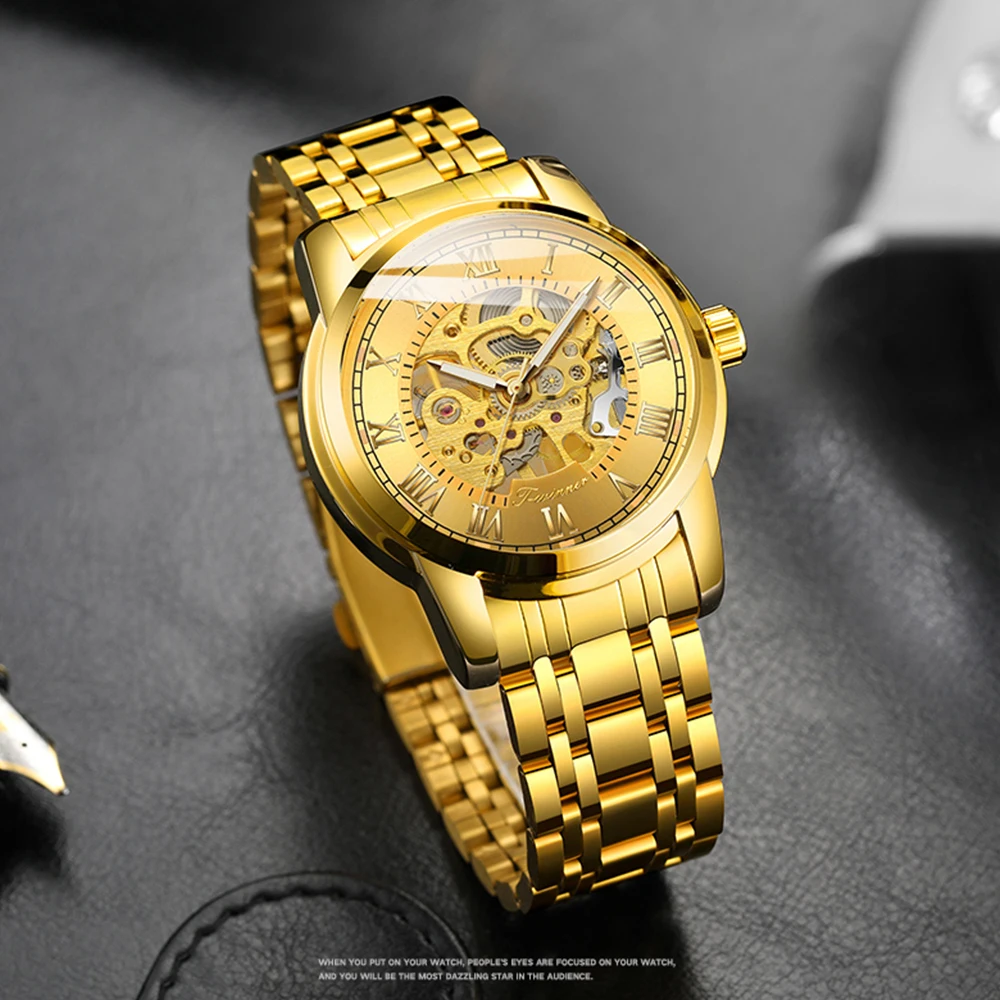 T-WINNER Fashion Casual Men's Luxury Watches Skeleton Automatic Mechanical Luminous Pointers Stainless Steel Sport Wristwatches