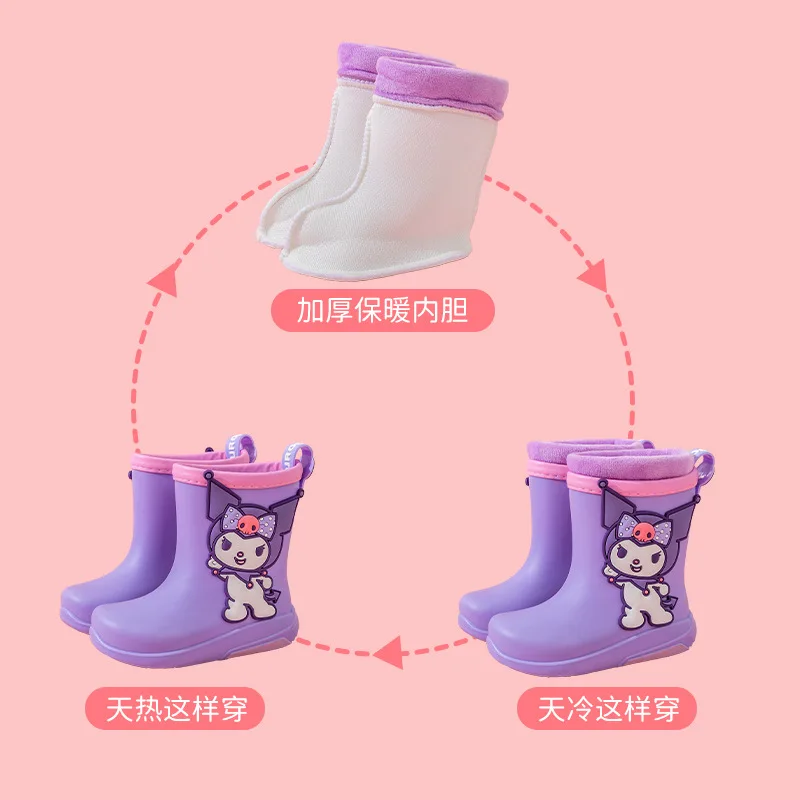 Kuromi Sanrio  Waterproof Rain Shoes for Children with Velvet and Warm Cartoon Anti Slip and Wear Resistant Soft Sole High Boots