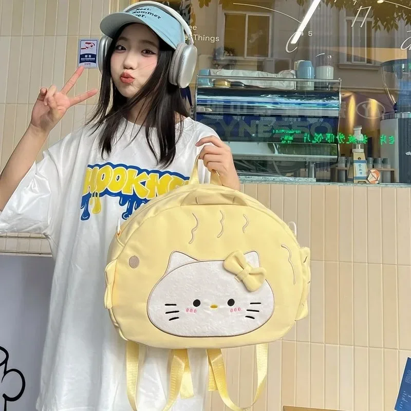 Hello Kitty Backpack Anime Splicing Canvas Large Capacity Crossbody Bag Student Snapper Commuter Leisure Shoulder Bag