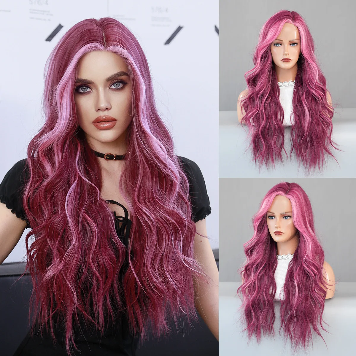 Small forehead lace rose pink gradient long curly hair large wavy chemical fiber, matte high temperature silk wig