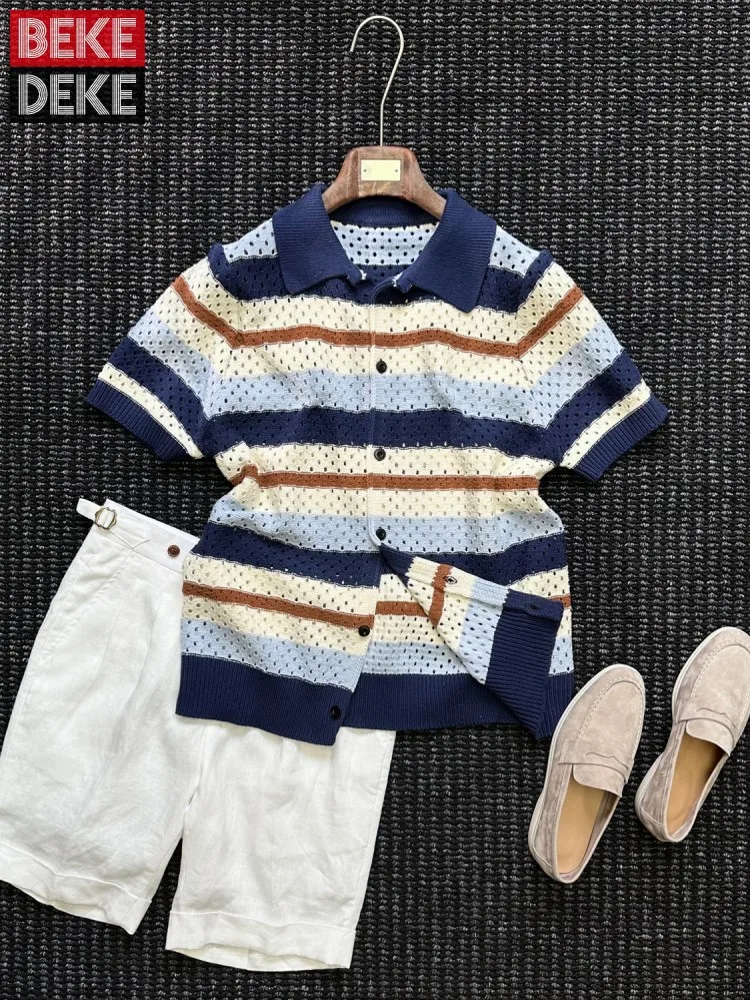 

Summer Hot Sale Men Business Casual Shirt Turndown Collar Single Breasted Tops Mixed Color Striped Knitted Tops Thin Shirts Male