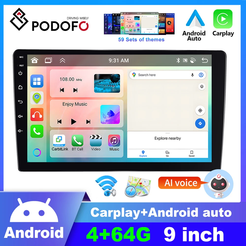 Podofo Carplay 9'' Car Stereo Radio Android 2Din Mirror Link WIFI DSP Bluetooth Navigation GPS Multimedia Video Player autoradio