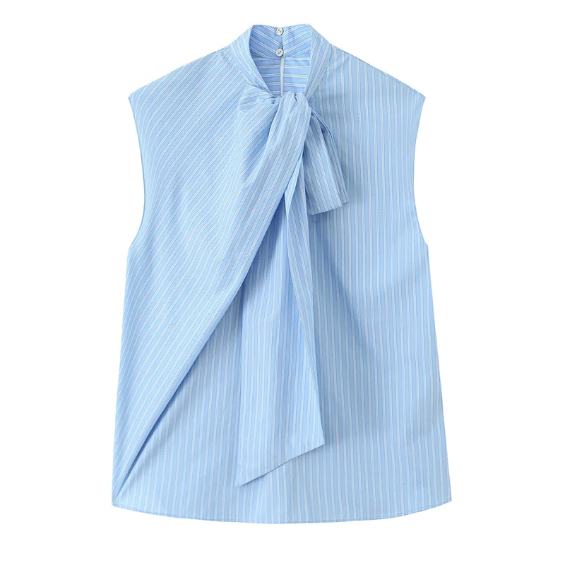 

Women's Shirt 2026 New Fashion Spring Summer Blue Striped Bow Tie Shirt for Women Casual Chic Personality Female Top