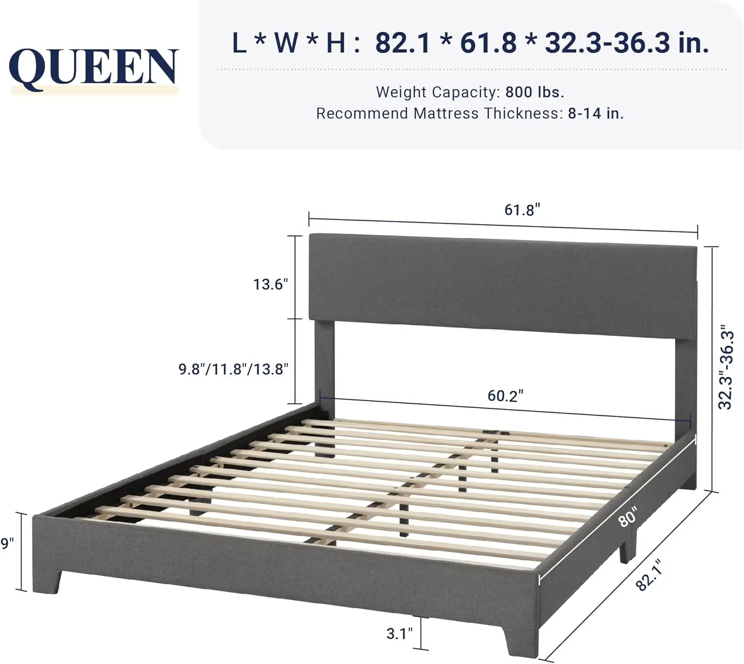 Allewie Queen Bed Frame With Adjustable Headboard, Upholstered Platform Bed With Wood Slats, Heavy Duty Mattress Foundation, No