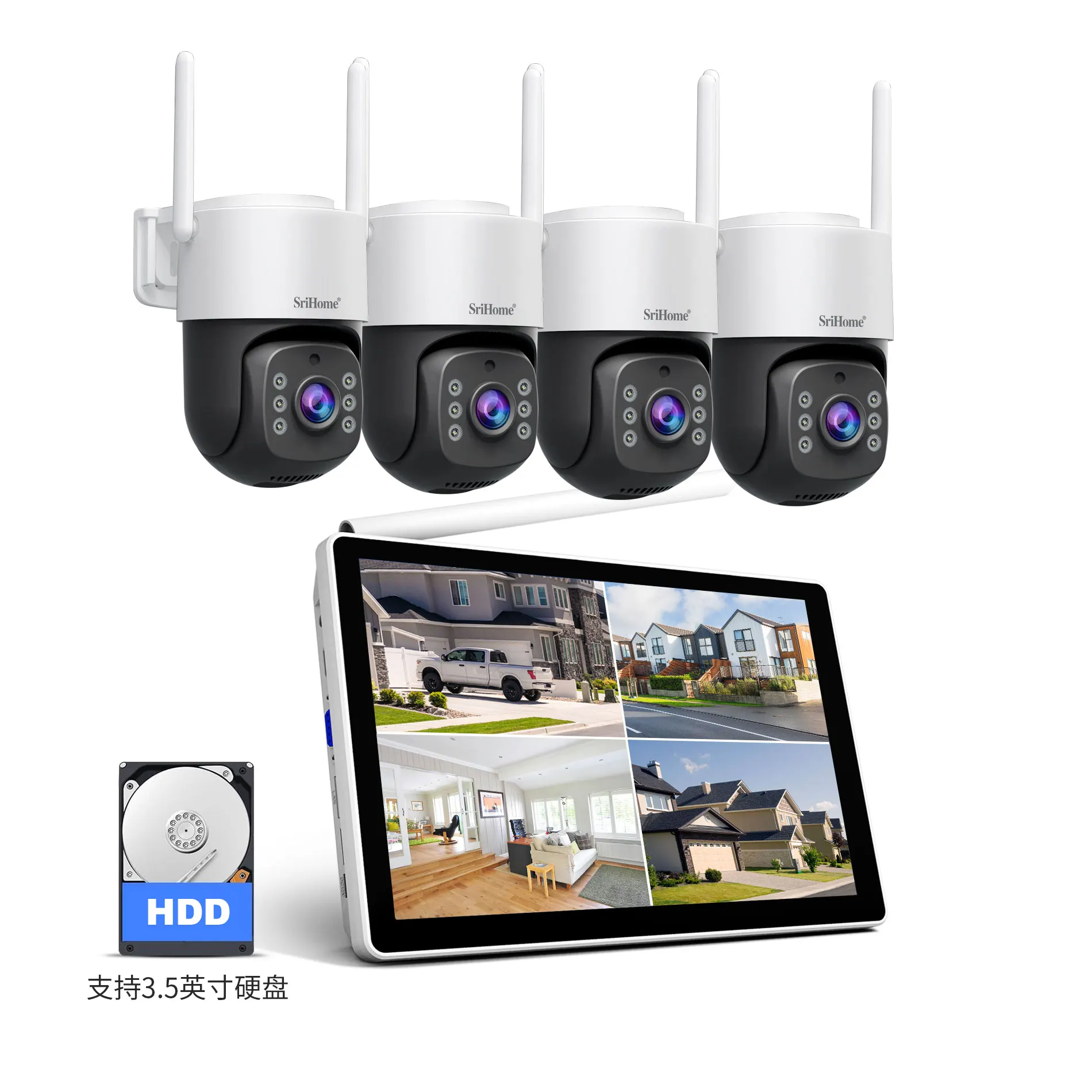 Srihome NVS012-IPC056 5MP IP Camera 10.1 Inch IPS Screen 4CH Full Color NVR Kit Home Security CCTV Baby Monitor