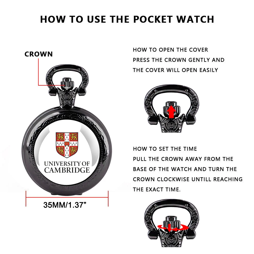 University of Cambridge Logo Design Quartz Pocket Watch with Chain Necklace Vintage Souvenir Gifts Clock Chain Mens Women