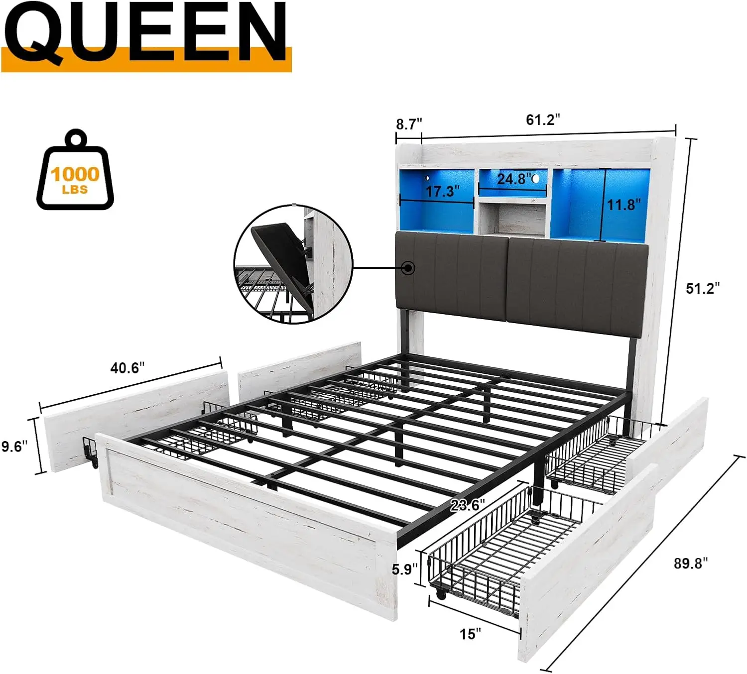 Queen Bed Frame with Bookcase Headboard, Farmhouse Upholstered Platform Bed with 4 Storage Drawers, LED Bed with Charging Statio