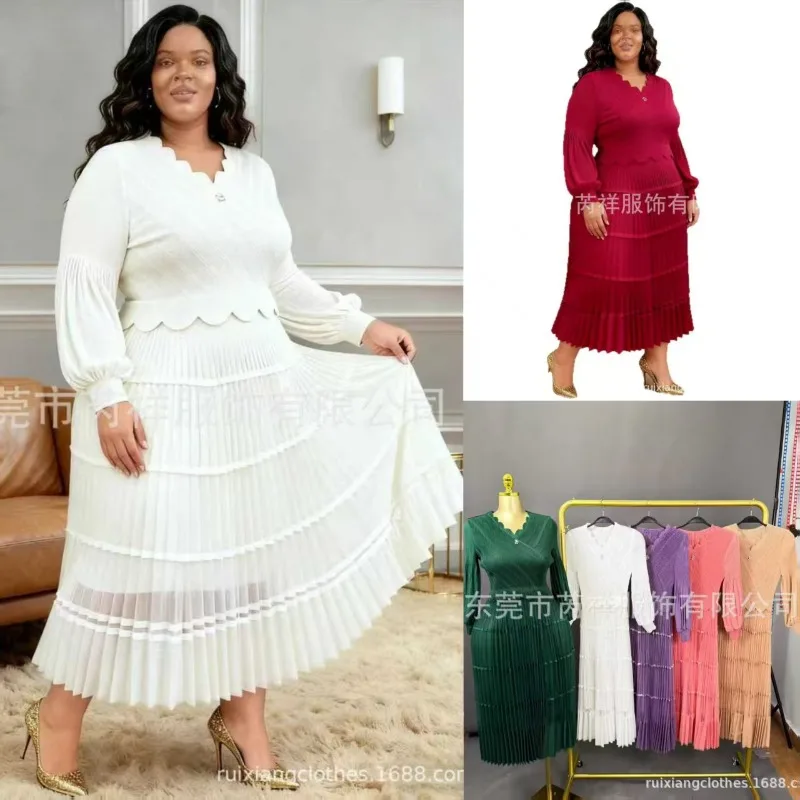 

Плиссированные платья Miyake, элегантное вечернее платье с однотонными рукавами-фонариками, новинка осени 202, блестящее женское платье больших размеров с v-образным вырезом