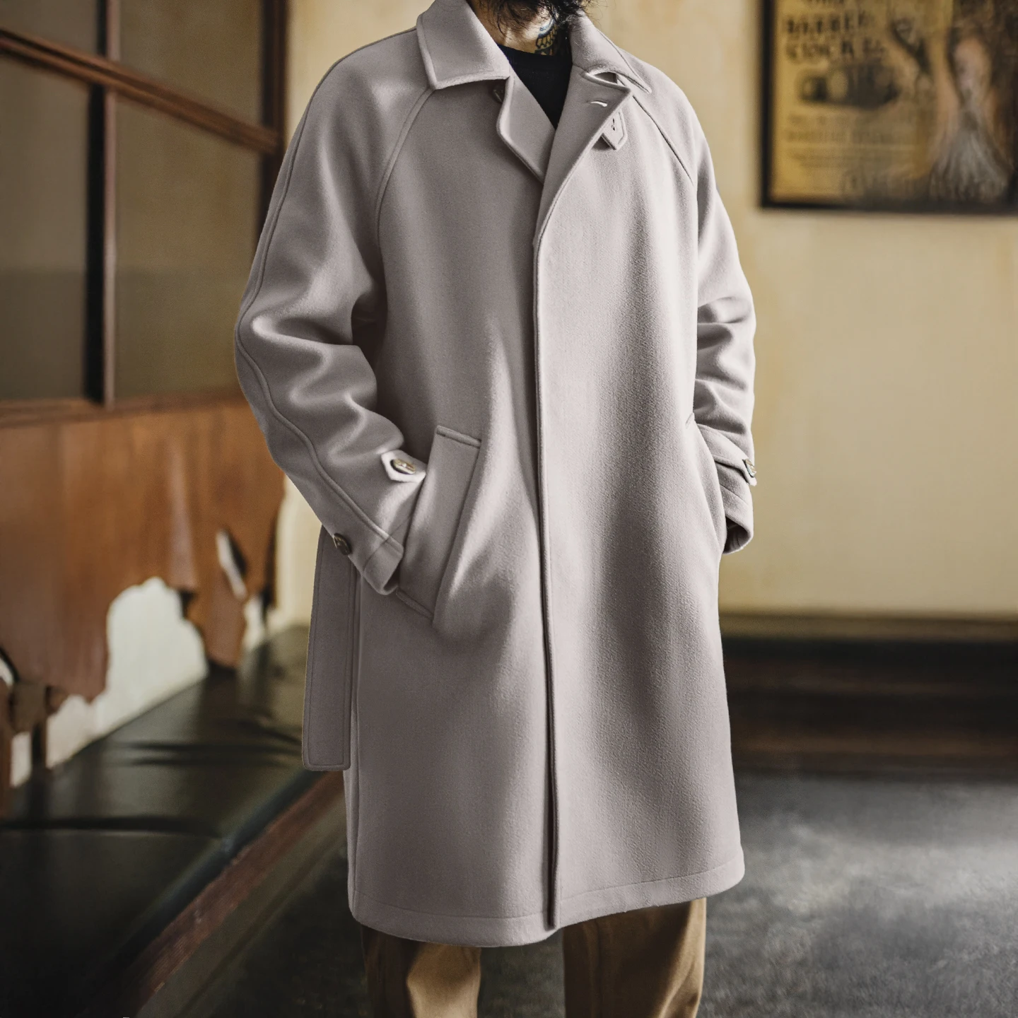 Maden Men's Balmacaan Trench Coat Mid-Length Loose Fit Overcoat for Winter Raglan Sleeve Strap Belted Design German Style