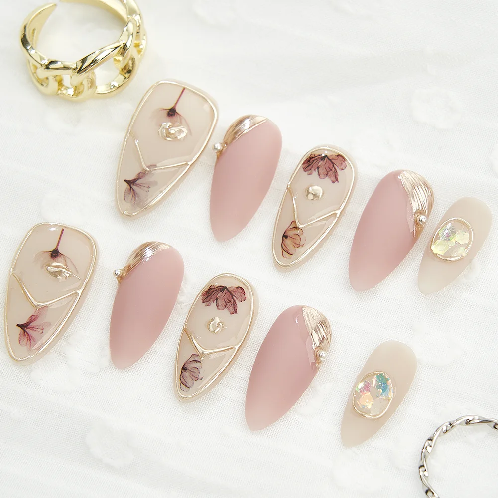 

10pcs Handmade Press on Nails Lotus Root Starch Flower Almond Full Coverage Nail Tips for Women&Girl Removable Wearable Nail
