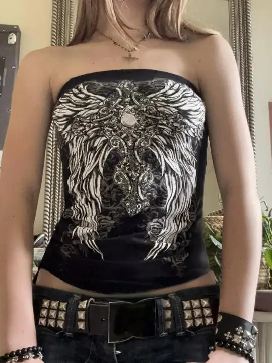 Dark style wing print unique street strapless millennial hot girl sexy niche slimming versatile top high street daily Y2K summer