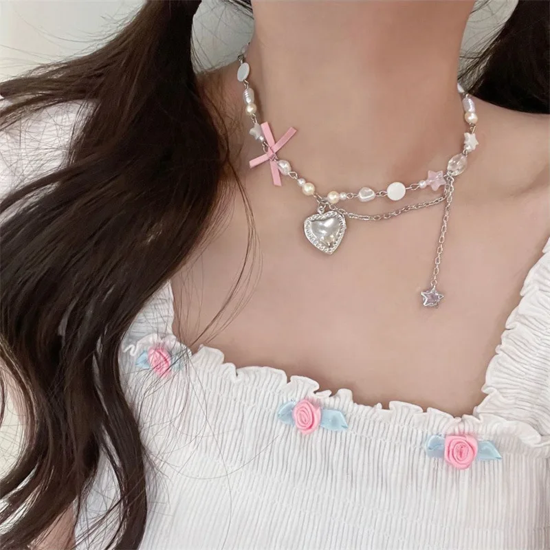 Sweet Heart Pendant Choker Necklace Gothic Bow Pearl Necklace Star Tassel Clavicle Chain For Girls Y2K Aesthetic Jewelry