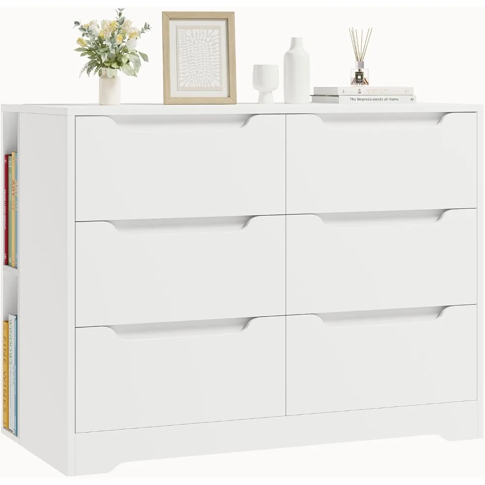 6 Drawer Dresser , White Dresser with 4 Cubbies, Wood Chest of Drawers with Cut-Out Handles, Modern Storage Chest with 20