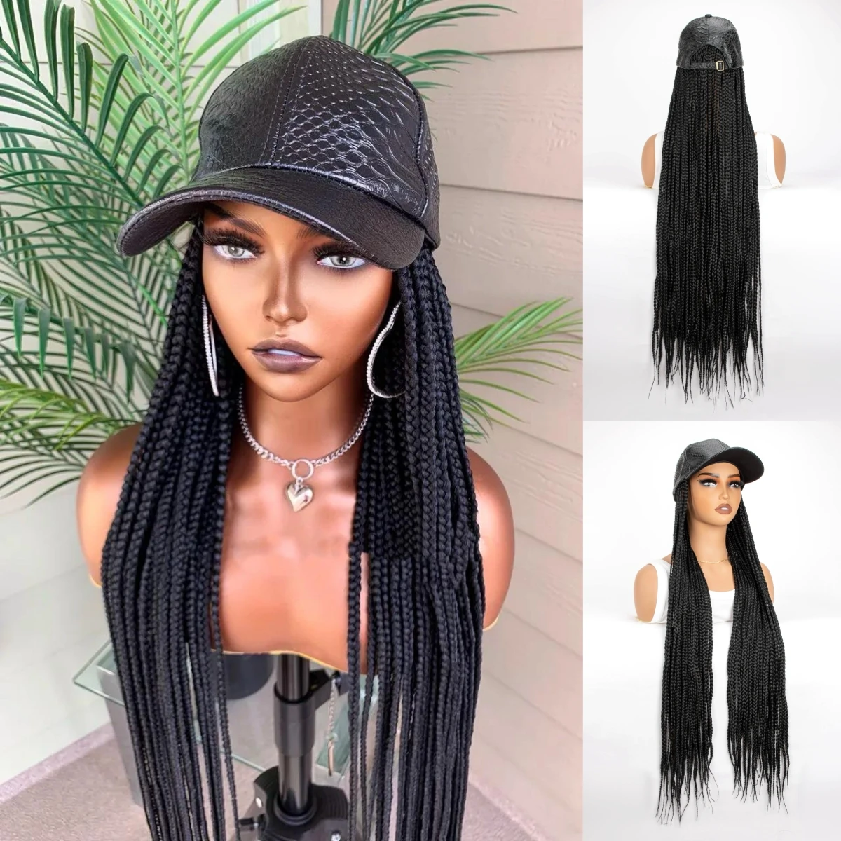 Extra long Black Box Braided Synthetic Wigs With Crocodile Pattern Cap Braiding Hair Extensions Adjustable Hat For Black Women