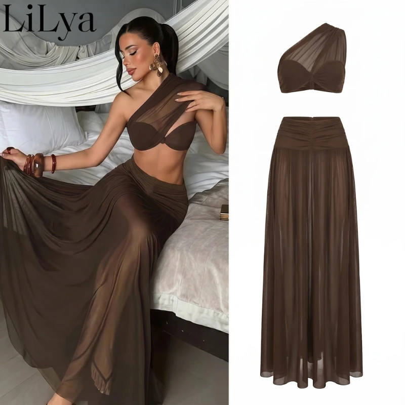 Conjunto de Falda de 2 Piezas Elegante con Volantes para Mujer, Top Corto con Cuello Asimétrico y Espalda Descubierta de Malla con Retazos + Falda Larga Acampanada, Traje para Fiesta de Gala