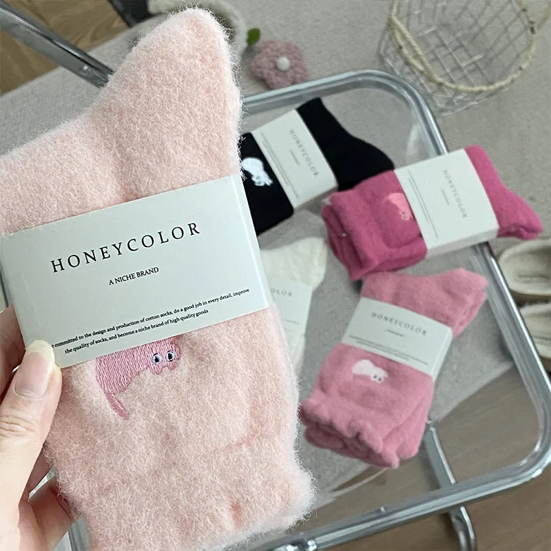 1pair Premium Feel Cute Cat Cozy Hairy Mink Velvet Socks Autumn Winter Hosiery Thickened Plush Warm Sleep Home Fluffy Socks