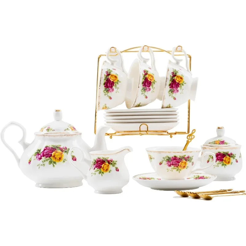 

22-Pieces Porcelain Tea Set,Vintage Floral Tea Gift Sets,Cups& Saucer Service for 6