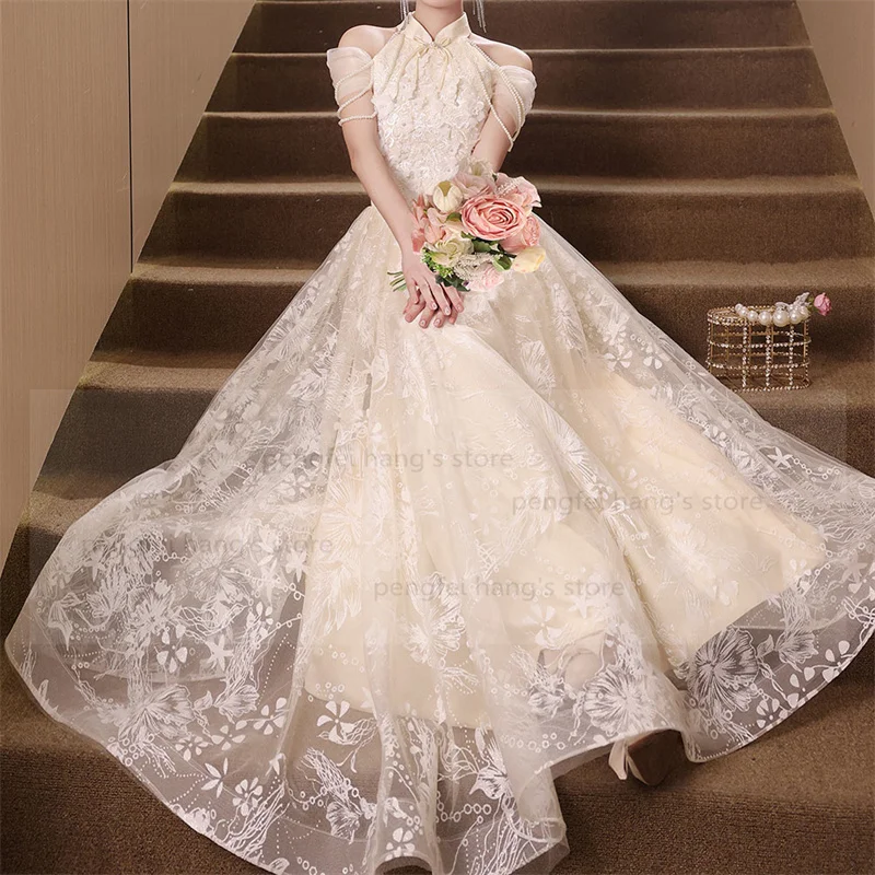 

Mesh Lace Cheongsam Luxury New Chinese Wedding Toast Dress Women Fairy Qipao Celebrity Banquet Gown Long Vestidos De Festa