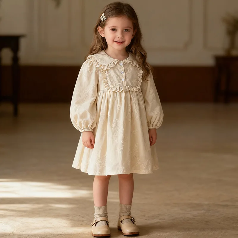 Princess Dress for Girls Spring Autumn Lace Collar Baby Girl's Dress Fashionable Children's Clothing Baby Skirt Cross-Border