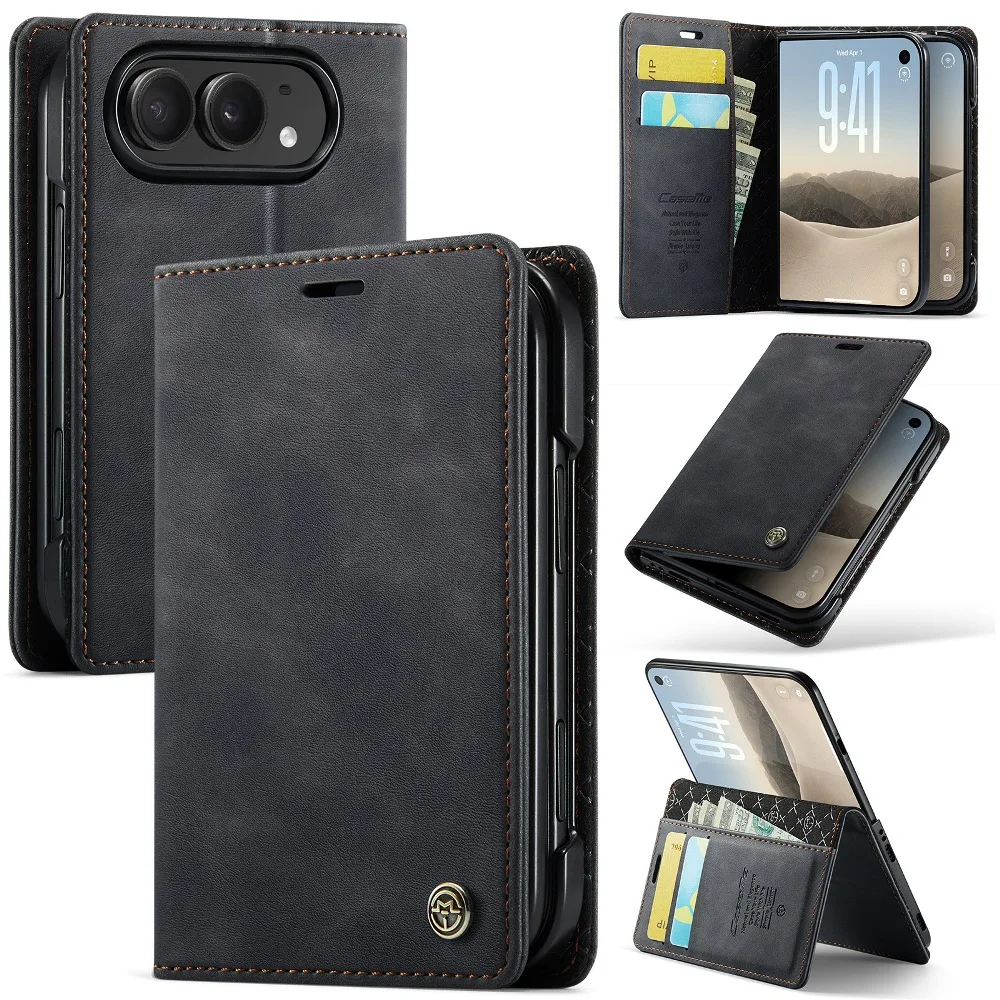 Classic Solid Color Leather Magnetic Flip Phone Cover for iPhone Duo with Built-in Wallet Pocket & Card Slots