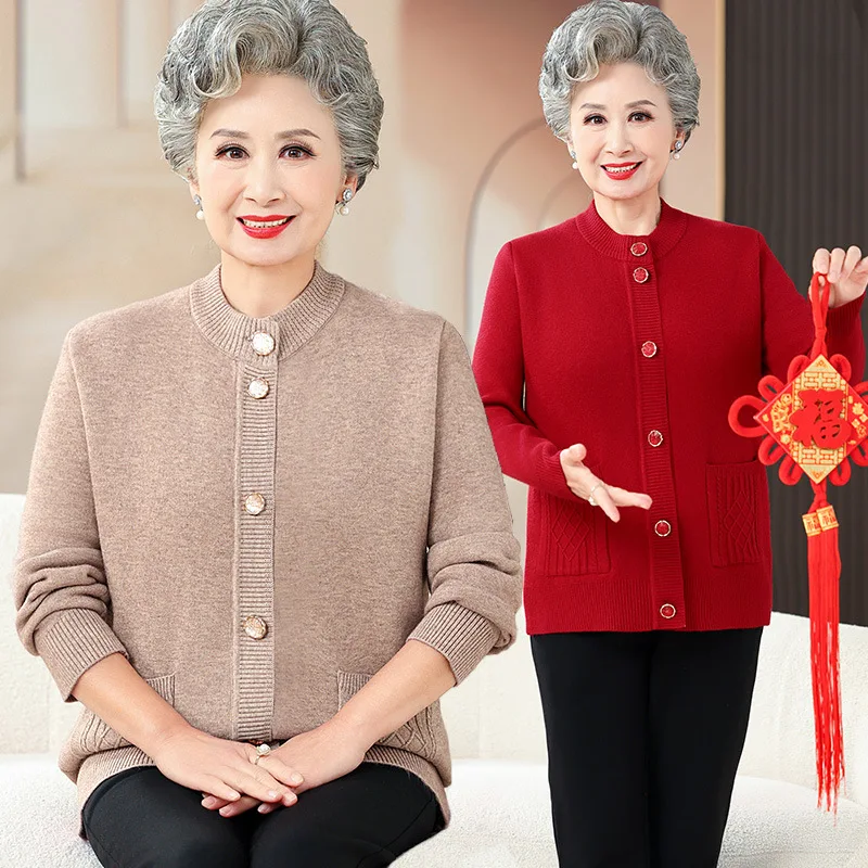 Warm Middle-Aged Elderly Mothers Sweater Cardigan Tops Autumn Winter Casual Jacket Round Neck Wool Women Knitwear Coat M-3XL