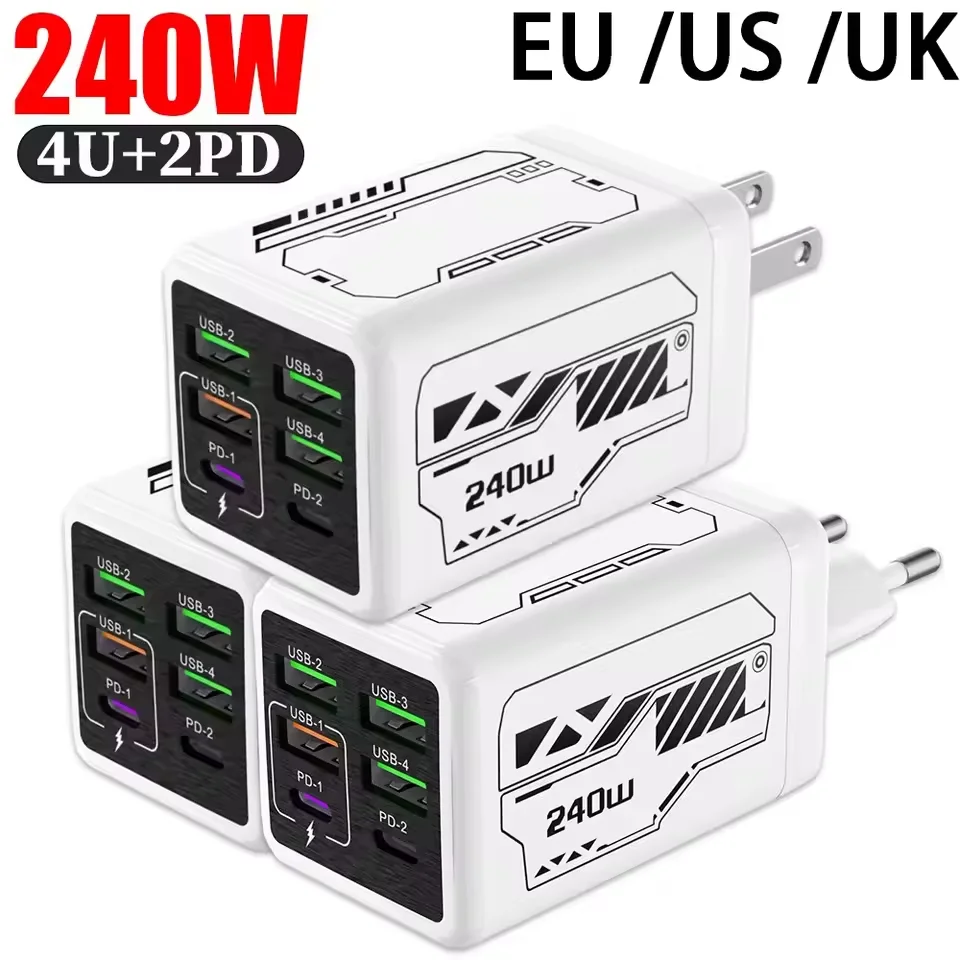 

Зарядное устройство USB 240 Вт, 6 портов (4 USB + 2 Type-C), быстрая зарядка для мобильных телефонов, адаптер USB PD3.0, вилки EU/UK/US, для iPhone 17, 16, Samsung