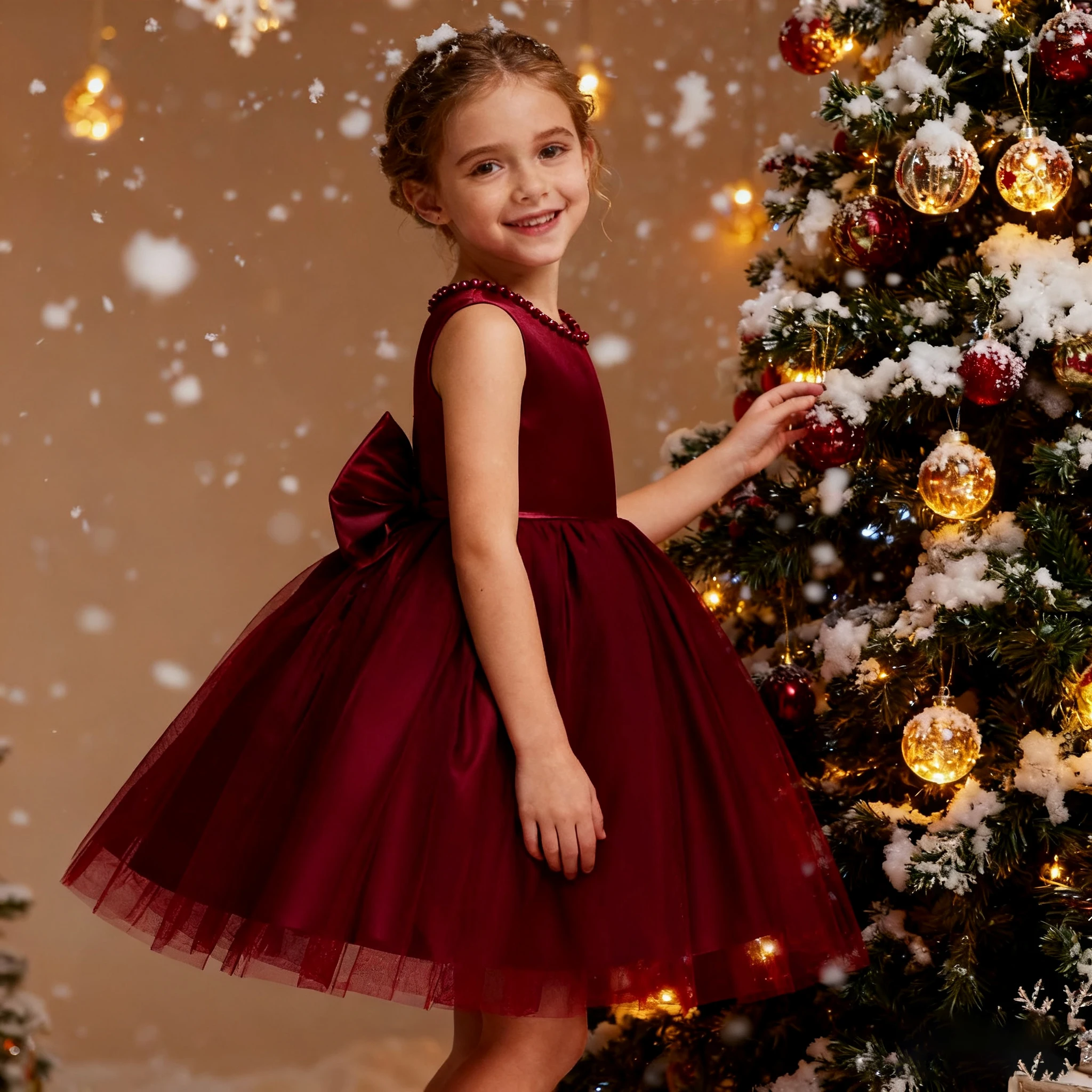 

Girls backless pearls Tutu Dress Kids Red Christmas Princess Costume for Evening Children Birthday Party new year Clothes